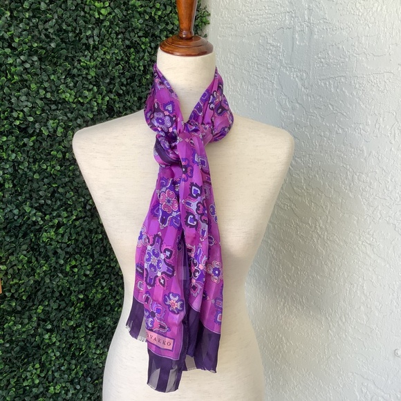 Vakko Purple and Pink Patterned 100% Silk Scarf - Picture 2 of 6